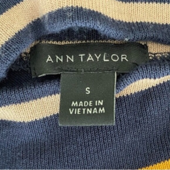 ANN TAYLOR Mock Neck Navy Striped Elbow Sleeve Top - Picture 6 of 9